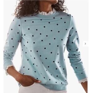 Boden Blue Holly Polka Dot Ruffle Lace Trim Preppy Crewneck Sweatshirt